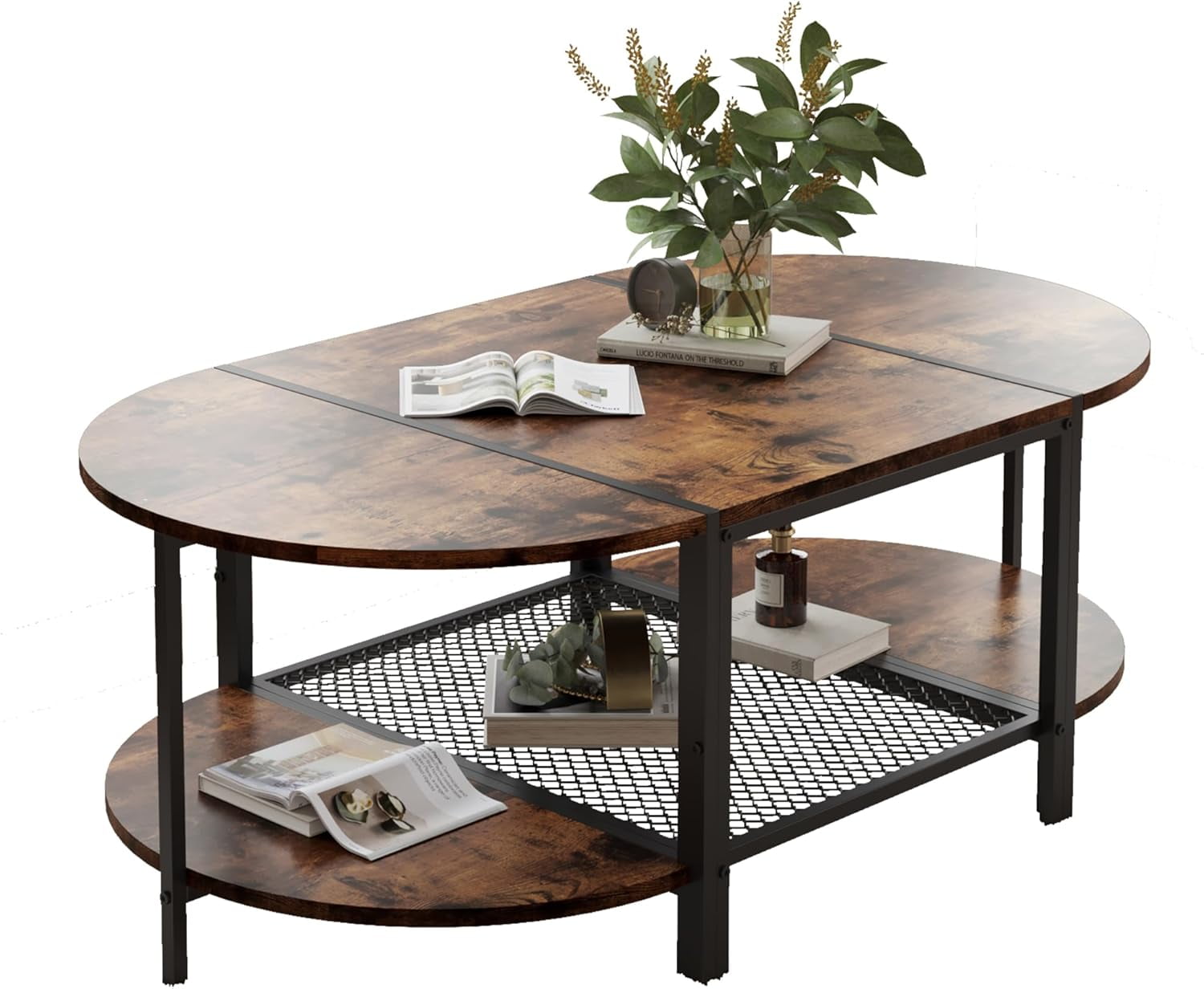 Oval Coffee Table with Rustic Wood Finish, 2-Tier Storage Shelf and Metal Frame, Living Room ...