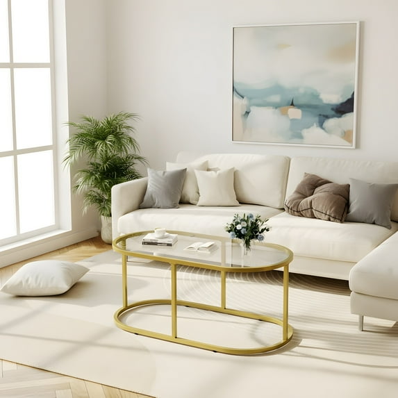 Oval Coffee Table with Tempered Glass Top - Modern Gold Accent Table