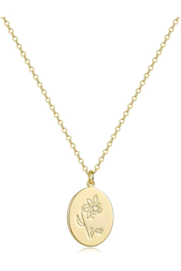 Oval Coin Pendant Necklace 12 Month Birth Flower Disc Necklace 14K Gold Plated Dainty Personalized Gift[o7440]