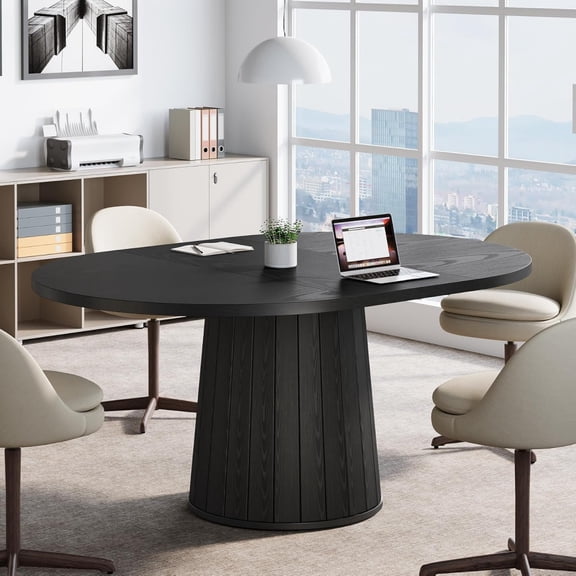 Oval Conference Table, Wood Meeting Table for 6 People, Rustic Meeting Seminar Boardroom Table with Wood Base for Office Conference Room