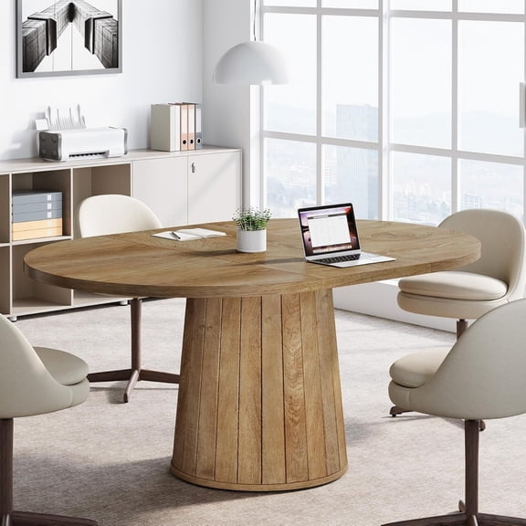 Oval Conference Table,  Wood Meeting Table for 6 People, Rustic Meeting Seminar Boardroom Table with Wood Base for Office Conference Room