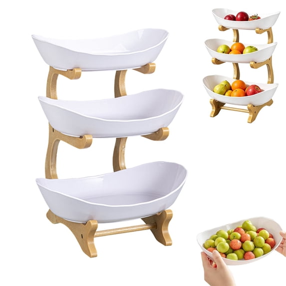 Oval Countertop Fruit Basket Organizer with Stand, Plastic Kitchen Storage Bowl for Fruits, Vegetables and Snacks