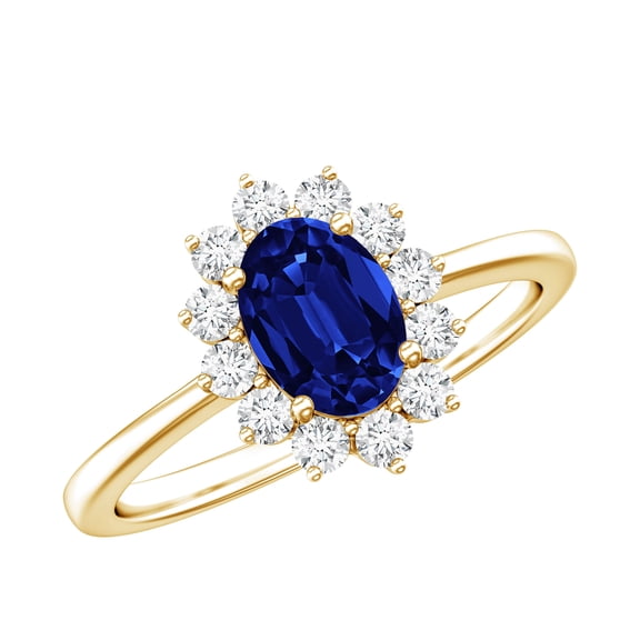Rosec Jewels Handcrafted Oval Created Blue Sapphire Diamond Halo Ring - Princess Diana Inspired Blue Sapphire Engagement Ring (AAAA Grade), 10K Yellow Gold, US 11.50