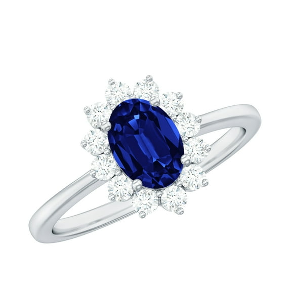 Rosec Jewels Handcrafted Oval Created Blue Sapphire Diamond Halo Ring - Princess Diana Inspired Blue Sapphire Engagement Ring (AAAA Grade), 14K White Gold, US 8.50
