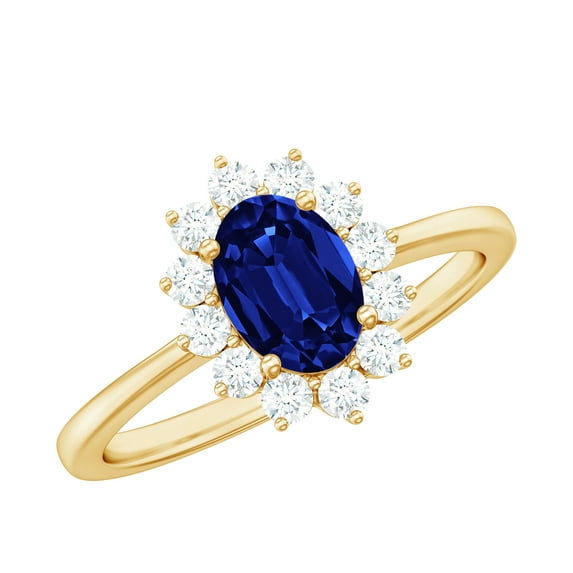 Rosec Jewels Handcrafted Oval Created Blue Sapphire Diamond Halo Ring - Princess Diana Inspired Blue Sapphire Engagement Ring (AAAA Grade), 14K Yellow Gold, US 6.00