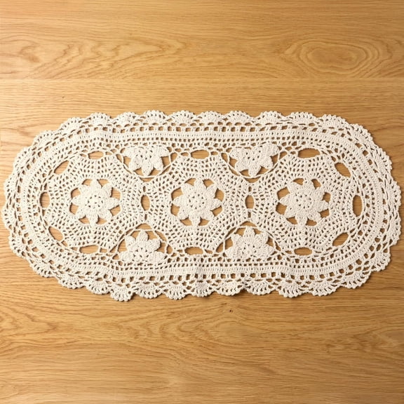 Oval Crochet Lace Table Doily, Beige Handmade Cotton Tablecloth, Furniture Cloth Cover, Dresser Scarf, Placemat Decor
