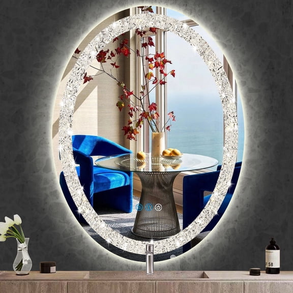 Oval Crystal 24" x 40" Lighted Wall Mirror with Lights Anti-Fog Dimmable 3 Tone Lighting Touch Control Frontlit Luxury Crystal Round LED Mirror for Home Hotel