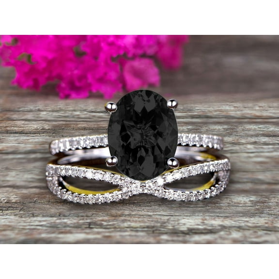 Oval Cut 2.50 Carat Black Diamond Moissanite Engagement Ring Set Solid 10K White Gold Promise Ring Bridal Gift