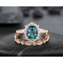 Oval Cut Alexandrite Engagement Ring Set, Vintage 14K 18K Rose Gold Alexandrite Halo Promise Wedding Ring Bridal Set, Silver Floral Ring set