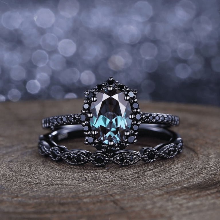 Oval Cut Alexandrite Engagement Ring Set in 14K Black Gold