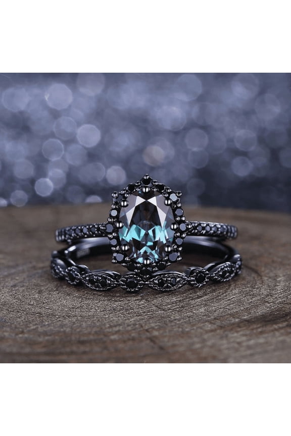 Oval Cut Alexandrite Engagement Ring Set in 14K Black Gold Vermeil- Gothic Wedding Ring Bridal Set Unique Promise Rings