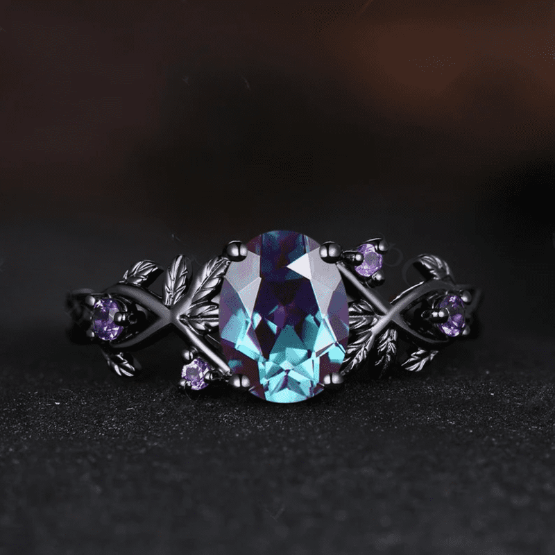 Oval Cut Alexandrite Ring in 14K Black Gold Vermeil- Leaf Inspired Amethyst Engagement Ring- Promise Ring for Woman