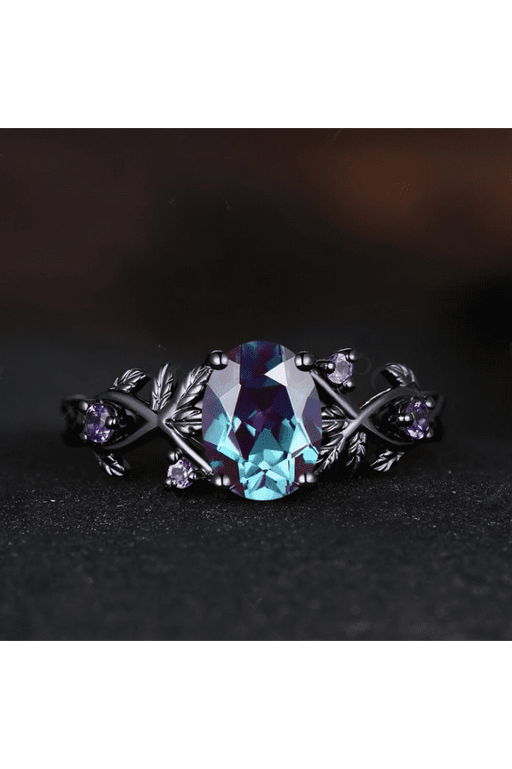 Oval Cut Alexandrite Ring in 14K Black Gold Vermeil- Leaf Inspired Amethyst Engagement Ring- Promise Ring for Woman