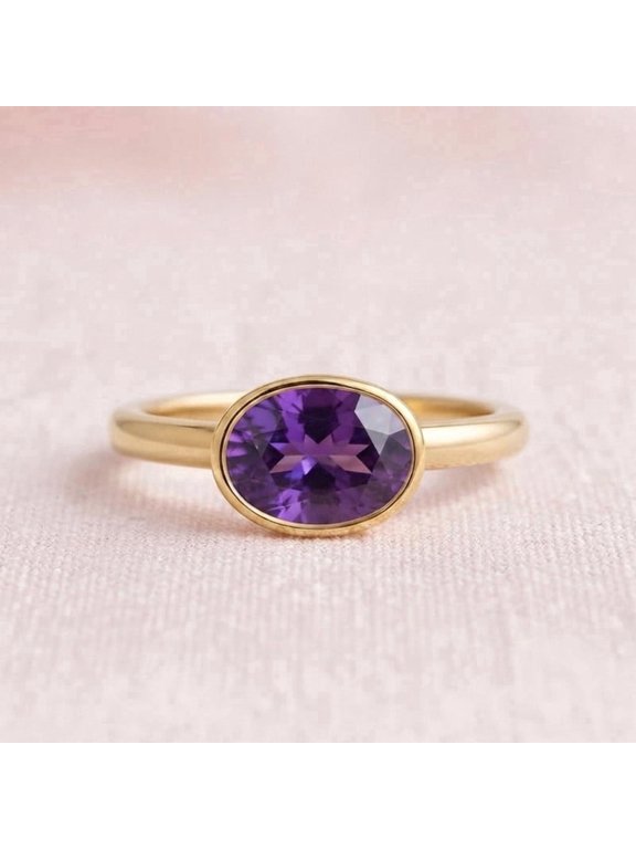 Oval Cut Amethyst Gemstone Bezel Band Ring, 925 Sterling Silver Yellow Gold Plated Promise Ring, Dainty Handmade Jewelry, Anniversary Gift for Her