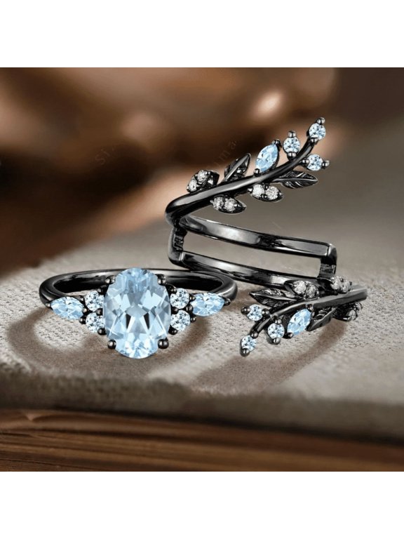 Oval Cut Aquamarine Engagement Ring Gothic Art deco 14K Black Gold Vermeil- Leaf Vine Wedding Band
