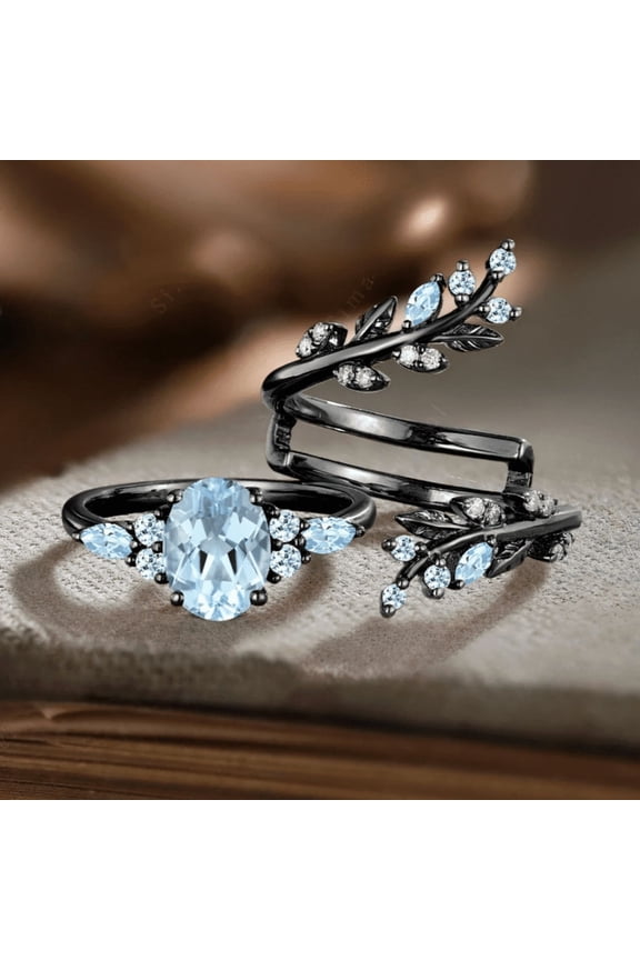 Oval Cut Aquamarine Engagement Ring Gothic Art deco 14K Black Gold Vermeil- Leaf Vine Wedding Band