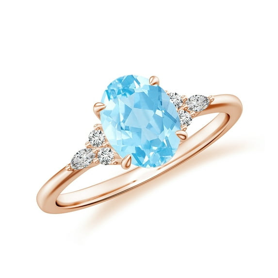 Oval Cut Aquamarine Side Stone Engagement Ring with Moissanite in Sterling Silver/ Rose Gold Plated Trilogy Promise Wedding Band Ring March Birthstone, Birthday, Anniversary Jewelry, Ring Size 10