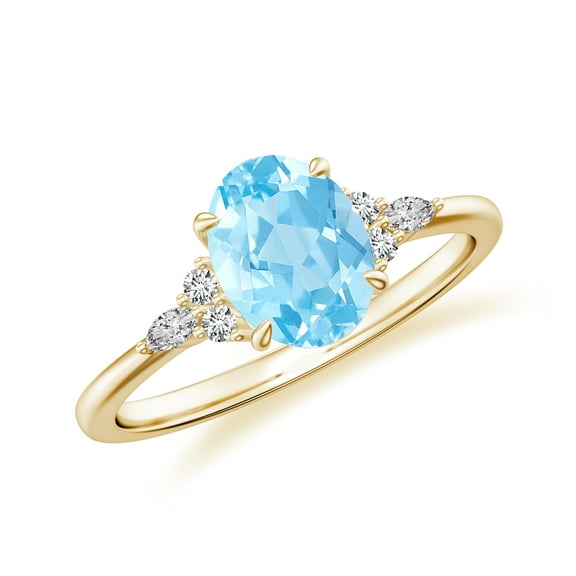 Oval Cut Aquamarine Side Stone Engagement Ring with Moissanite in Sterling Silver/ Yellow Gold Plated Trilogy Promise Wedding Band Ring March Birthstone, Birthday, Anniversary Jewelry, Ring Size 8