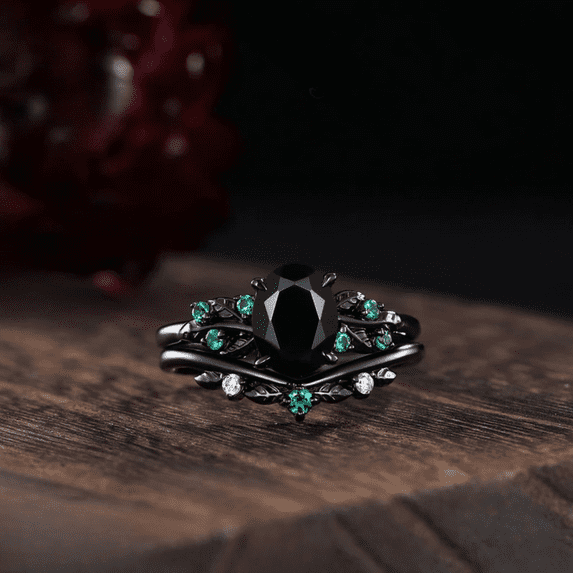 Oval Cut Black Onyx & Emerlad Wedding Ring Set in 14k Black Gold Vermeil - Unique vine leaf emerald cluster ring - Ring For Womens