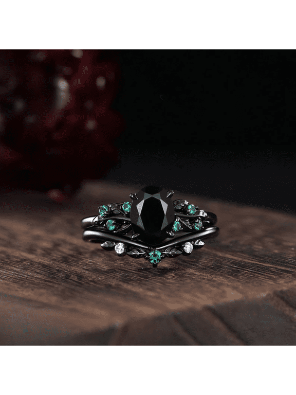 Oval Cut Black Onyx & Emerlad Wedding Ring Set in 14k Black Gold Vermeil - Unique vine leaf emerald cluster ring - Ring For Womens