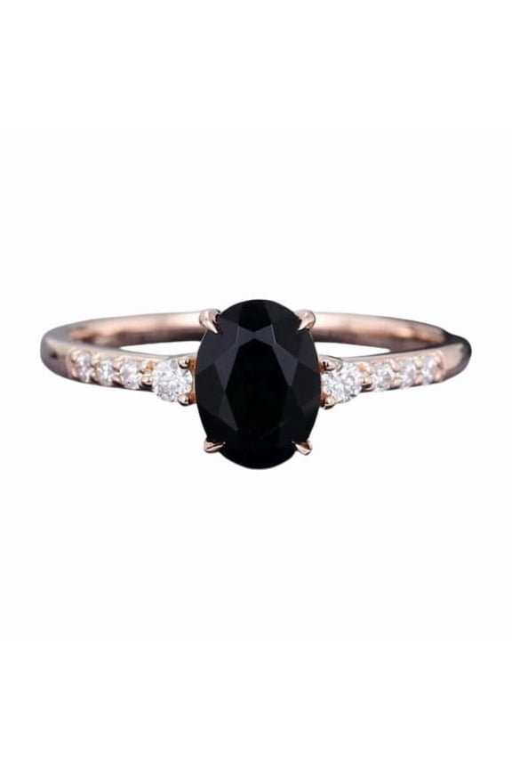 Oval-Cut Black Onyx Ring with Diamond Accents – Rose Gold Plated Elegant Jewelry Gift for Women