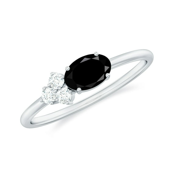 Rosec Jewels Oval Cut Black Onyx Ring with Diamond Trio for Women - 1/2 ct - AAA Grade, 10K White Gold, US 3.00