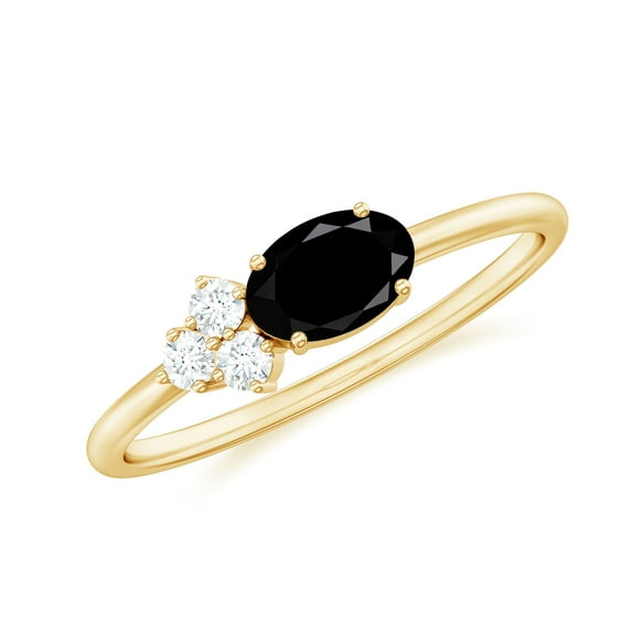 Rosec Jewels Oval Cut Black Onyx Ring with Diamond Trio for Women - 1/2 ct - AAA Grade, 10K Yellow Gold, US 5.00