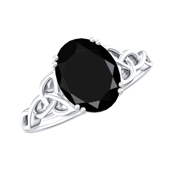 Rosec Jewels Real Black Onyx Solitaire Engagement Ring (7X9mm Oval, AAA Grade) - Celtic Knot Ring for Women - with Jewelry Box, 18K White Gold, US 6.50