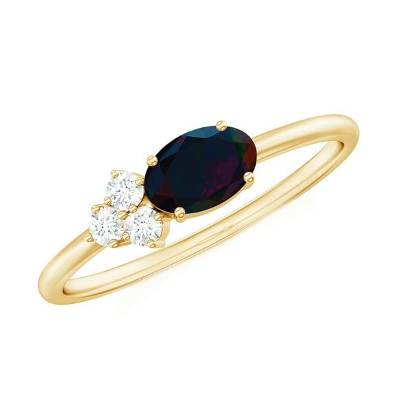 Rosec Jewels Natural Black Opal Oval Promise Ring for Women - Natural Opal Diamond Ring in East West Style (5X7 mm, AAA Grade), 14K Yellow Gold, US 6.00