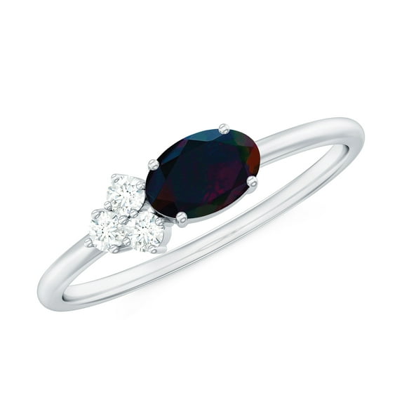 Rosec Jewels Natural Black Opal Oval Promise Ring for Women - Natural Opal Diamond Ring in East West Style (5X7 mm, AAA Grade), 18K White Gold, US 13.00