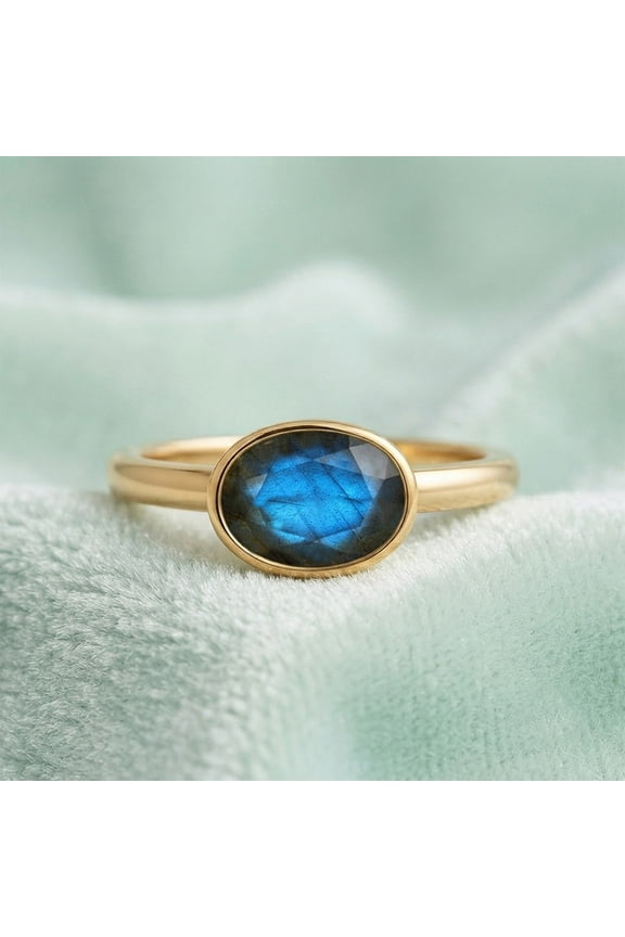 Oval Cut Blue Labradorite Gemstone Bezel Band Ring, 925 Sterling Silver Yellow Gold Plated Proposal Ring, Elegant Handmade Jewelry, Wedding Gift For Her