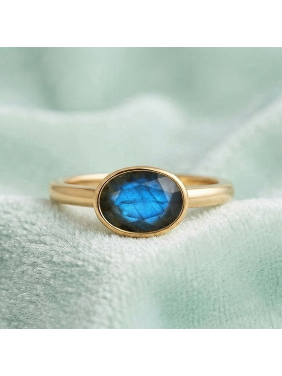 Oval Cut Blue Labradorite Gemstone Bezel Band Ring 925 Sterling Silver Yellow Gold Plated Proposal Ring Elegant Handmade Jewelry Wedding Gift for Her