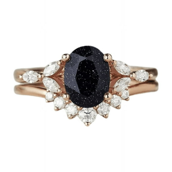 Oval Cut Blue Sandstone Engagement Ring Set in 14k Rose Gold Finish - Curved Wedding Band Ring For Women