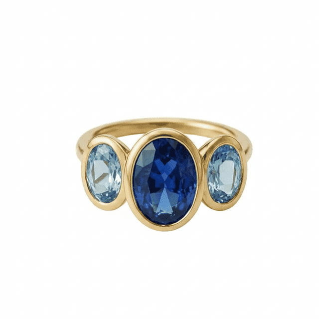 Oval Cut Blue Sapphire & Aquamarine Trilogy Ring, Blue Gemstone ...