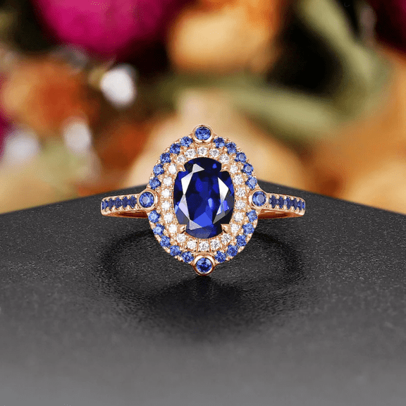 Oval Cut Blue Sapphire & Diamond Halo Wedding Proposal Ring in 14k Rose Gold Vermeil - September Birthstone
