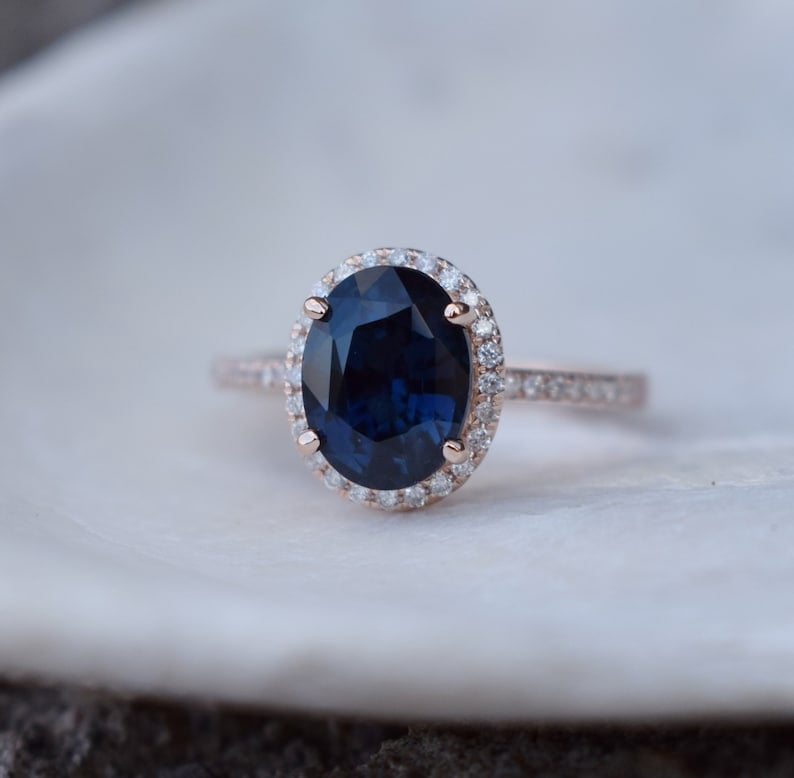 Oval Cut Blue Sapphire Engagement Ring 14k Rose Gold Engagement Ring ...