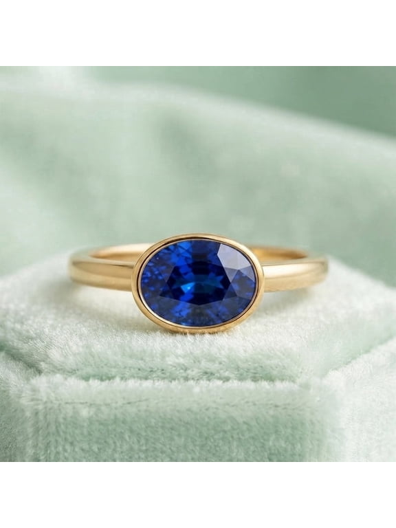 Oval Cut Blue Sapphire Gemstone Bezel Band Ring, 925 Sterling Silver Yellow Gold Plated Ring, September Birthstone Handmade Jewelry, Anniversary Gift