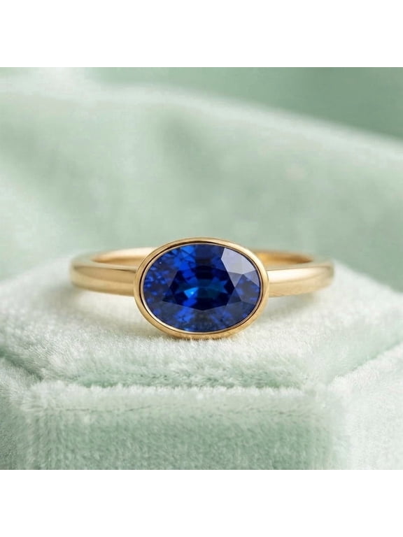 Oval Cut Blue Sapphire Gemstone Bezel Band Ring, 925 Sterling Silver Yellow Gold Plated Ring, September Birthstone Handmade Jewelry, Anniversary Gift