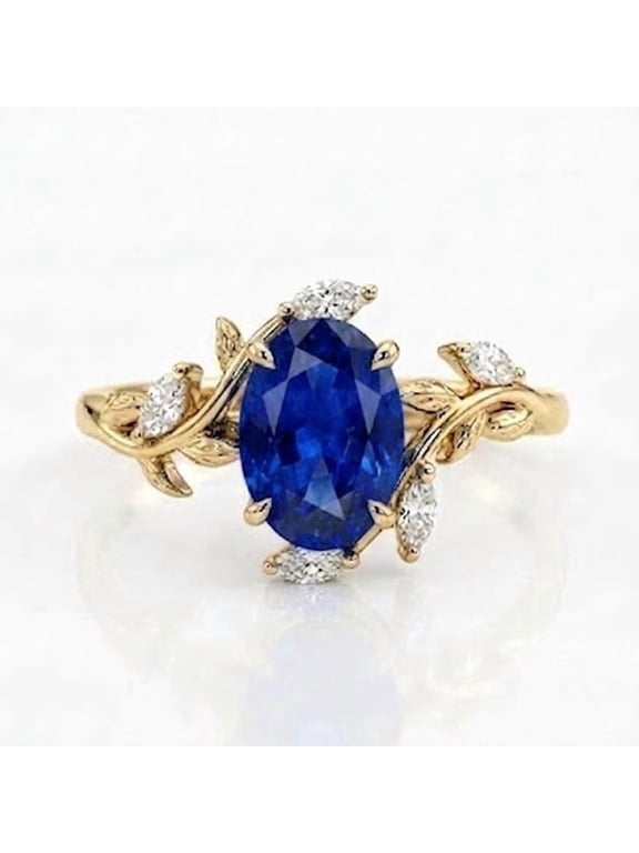 Oval Cut Blue Sapphire & Marquise Cut Diamond Wedding Ring, Blue Gemstone Ring, September Birthstone Ring, Dainty Engagement Ring, Twig Leaf Band Ring, Handmade Jewelry