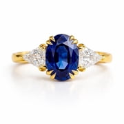 Oval Cut Blue Sapphire & Triangle Shape Diamond Engagement Ring, September Birthstone Ring, Anniversary Ring for Her, Triloy Ring, Handmade Jewelry