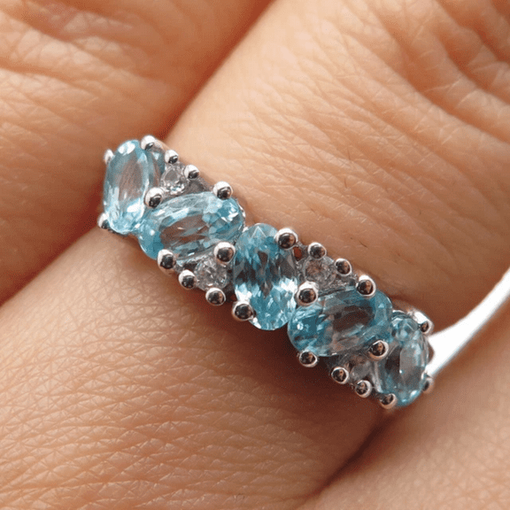 Oval Cut Blue Topaz & White Diamond Half Eternity Wedding Ring in 925 sterling Silver - December Birthstone - Birthday Gift