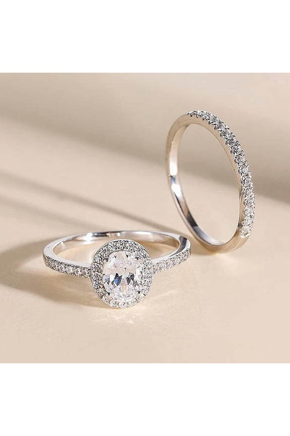 Oval Cut CZ Halo Bridal Rings Sets CZ Engagement Ring for Women Sterling Silver Plated Wedding Bands Cubic Zirconia Simulated Diamond Anniversary Promise Eternity Ring Jewelry Gift for Her