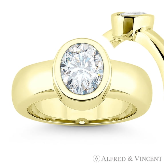 Oval Cut Charles & Colvard Forever Brilliant Full Bezel Solitaire Engagement Ring in 14k Yellow Gold