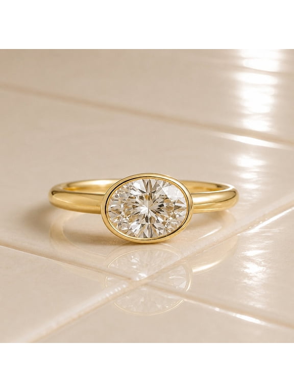 Oval Cut Diamond Bezel Band Ring, 925 Sterling Silver Yellow Gold Plated Proposal Ring, April Birthstone Elegant Handmade Jewelry, Engagement Ring, Gift For Her