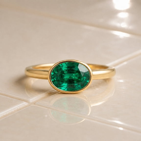 Oval Cut Emerald Gemstone Trendy Bezel Band Ring, 925 Sterling Silver Yellow Gold Plated Handmade Ring, May Birthstone Jewelry, Christmas Gift For Her