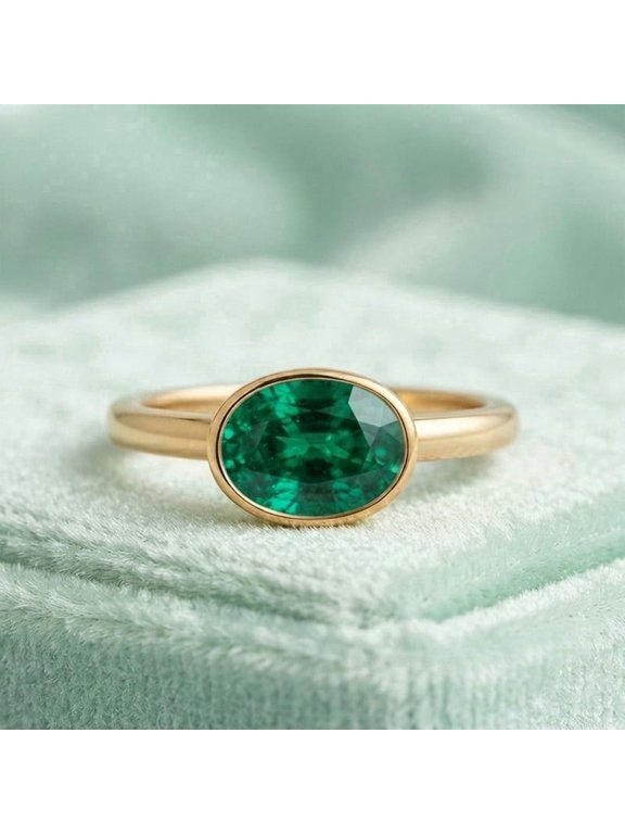 Oval Cut Emerald Gemstone Trendy Bezel Band Ring, 925 Sterling Silver Yellow Gold Plated Handmade Ring, May Birthstone Jewelry, Christmas Gift for Her