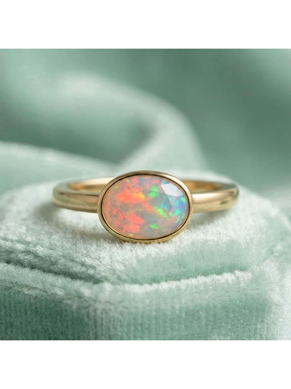 Oval Ethiopian Opal Gemstone Bezel Ring, 925 Sterling Silver Yellow Gold Plated Handmade Band Proposal Ring, October Birthstone Jewelry, Gift for Her