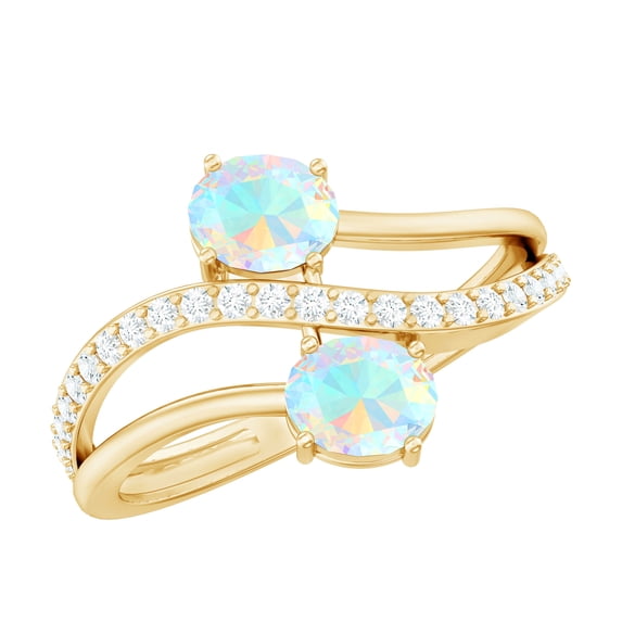 Rosec Jewels Natural Ethiopian Opal 2 Stone Engagement Ring - Opal Diamond Ring - AAA Quality - with Jewelry Box, 10K Yellow Gold, US 10.00