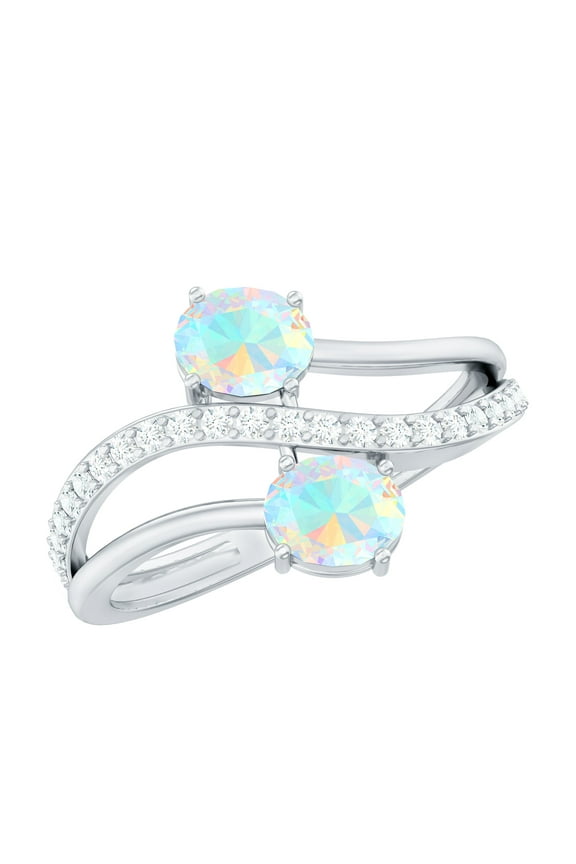 Natural Ethiopian Opal 2 Stone Engagement Ring - Opal Diamond Ring - AAA Quality - with Jewelry Box, 925 Sterling Silver, US 4.00