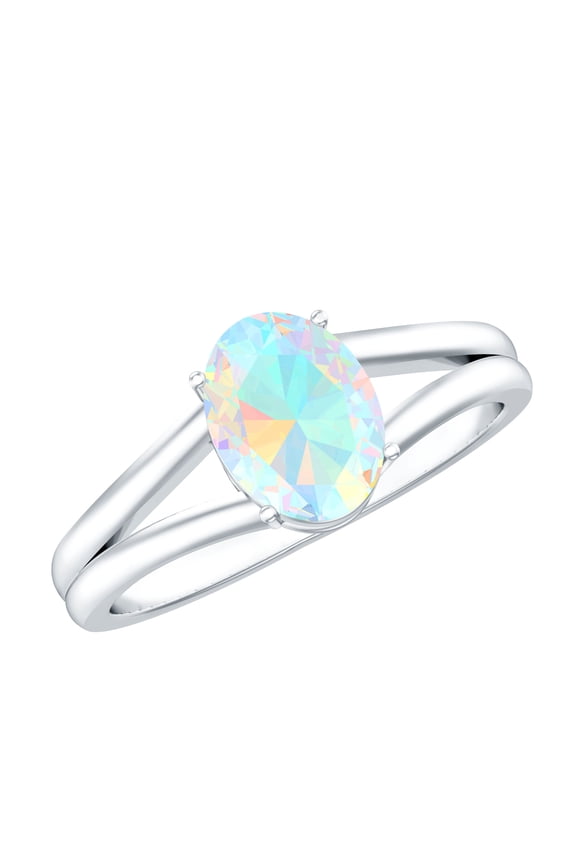 Natural Ethiopian Opal Solitaire Engagement Ring 1 Carat - AAA Quality - Oval Shaped Opal Split Shank Ring, 18K White Gold, US 9.50